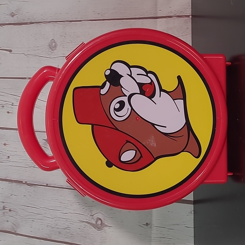 Buc-ees Red Logo Plastic Travel Tote  Round Lunch Box Case Clip